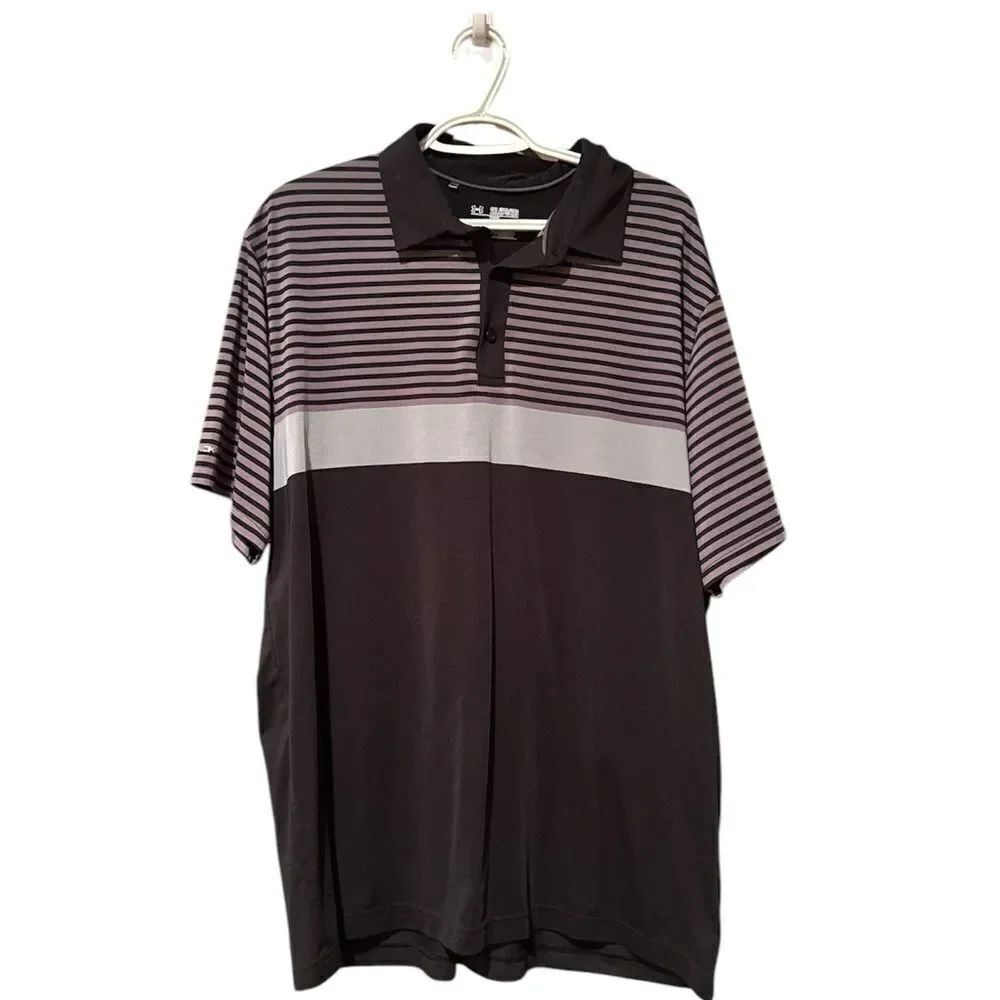 Under Armour 2 X Black and Gray Striped Men's Polo Shirt Short Sleeve
